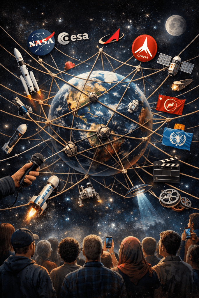 En términos reales, el relato espacial está moldeado por una constelación de actores:

Agencias estatales (NASA, ESA, CNSA, Roscosmos, JAXA, ISRO) que marcan agendas científicas y políticas.

Empresas privadas (SpaceX, Blue Origin, Rocket Lab) que introducen narrativas de mercado y colonización.

Organismos internacionales (ONU, COPUOS) que intentan regular el uso pacífico del espacio.

Medios y cultura popular, que convierten cada lanzamiento en mito colectivo.

El control no es absoluto: es más bien una urdimbre de voces que compiten por definir el sentido del espacio —como exploración científica, negocio, símbolo de poder o sueño compartido.