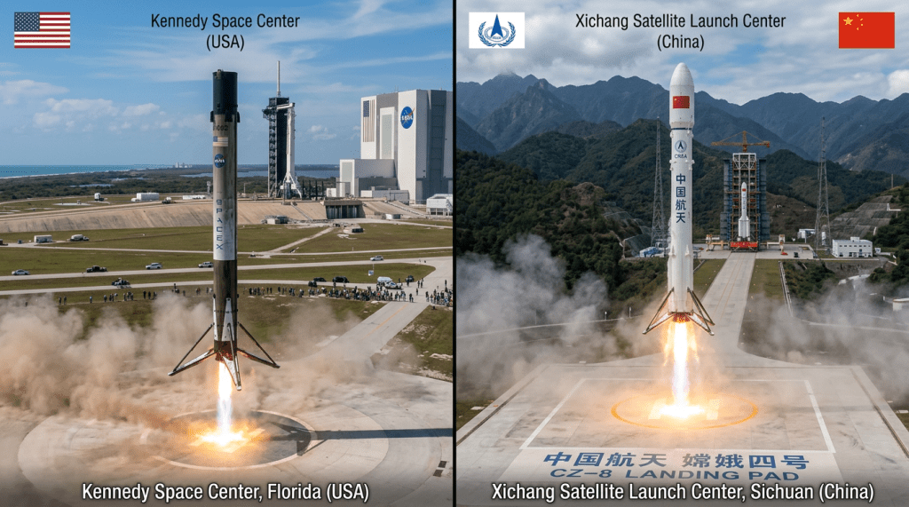 SpaceX Falcon 9 rocket landing at Kennedy Space Center and Chinese CZ-8 rocket landing at Xichang Satellite Launch Center