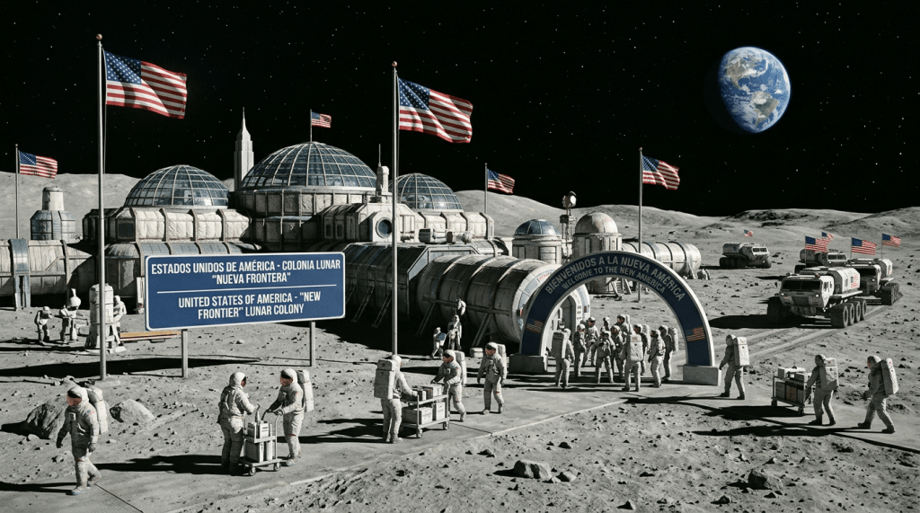 Lunar colony with U.S. flags, astronauts, rovers, Earth, and signs reading “ESTADOS UNIDOS DE AMÉRICA - COLONIA LUNAR ‘NUEVA FRONTERA’,” “UNITED STATES OF AMERICA - ‘NEW FRONTIER’ LUNAR COLONY,” and “BIENVENIDOS A LA NUEVA AMÉRICA / WELCOME TO THE NEW AMERICA.”