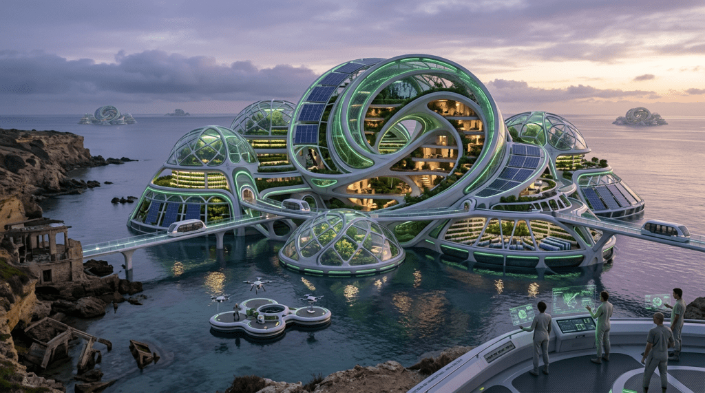 Futuristic ocean complex with solar panels, gardens, bridges, and researchers
